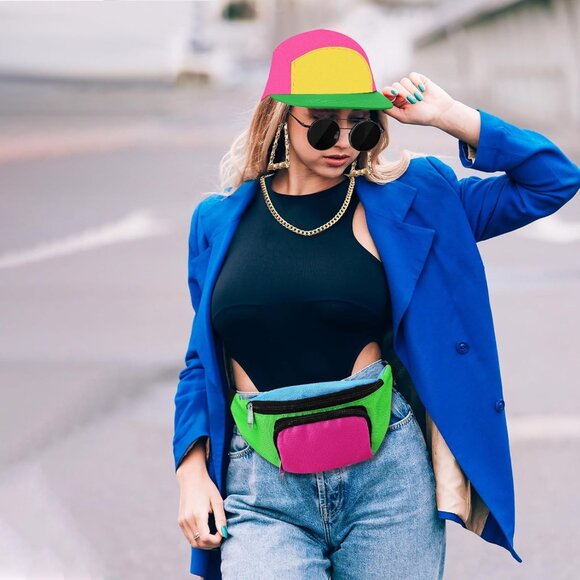 80s 90s Accessories Set Neon Fanny Pack Hat Sunglasses Gold Chain Earrings Youth - Picture 7 of 8